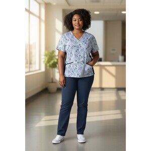 Green Town Uniform Women’s Scrub Size L Floral Abstract Cottage Hospital Nurse